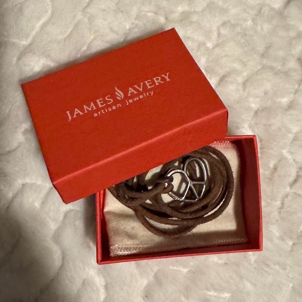 James Avery Brown Leather Necklace with Silver Heart Peace Sign Pendant